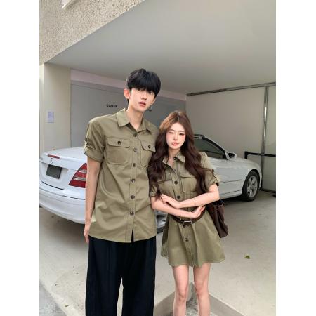 情侣装美式复古工装POLO领衬衫军绿色收腰连衣裙 服裝批發女裝批發服飾貨源