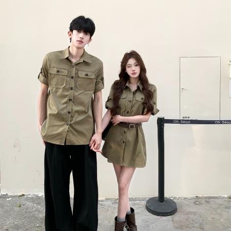 情侣装美式复古工装POLO领衬衫军绿色收腰连衣裙 服裝批發女裝批發服飾貨源