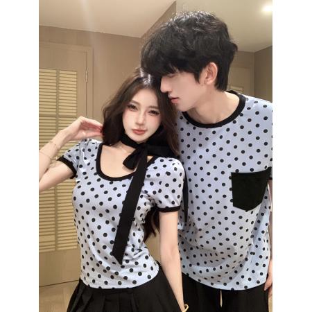 情侣装韩版小众设计蓝色波点U领短袖T恤正肩修身上衣 服裝批發女裝批發服飾貨源