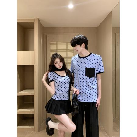 情侣装韩版小众设计蓝色波点U领短袖T恤正肩修身上衣 服裝批發女裝批發服飾貨源