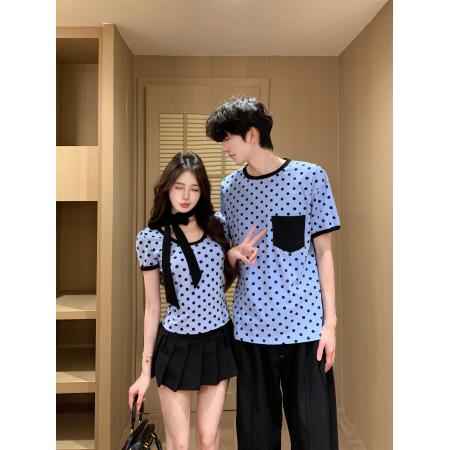 情侣装韩版小众设计蓝色波点U领短袖T恤正肩修身上衣 服裝批發女裝批發服飾貨源