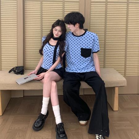 情侣装韩版小众设计蓝色波点U领短袖T恤正肩修身上衣 服裝批發女裝批發服飾貨源