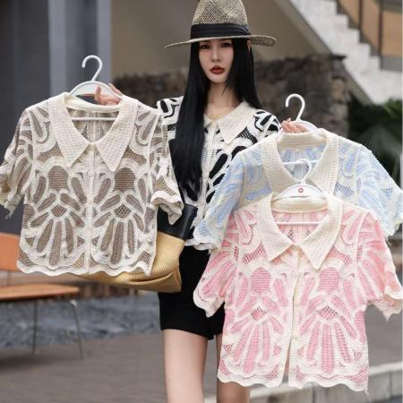 夏季法式复古彩色钩花短袖衬衫女...