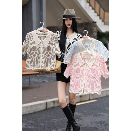 夏季法式复古彩色钩花短袖衬衫女设计感小众独特别致短款上衣 服裝批發女裝批發服飾貨源