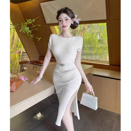 BY17668# 夏季韩系御姐露肩连衣裙女收腰修身显瘦开叉包臀中长款针织裙 服裝批發女裝批發服飾貨源