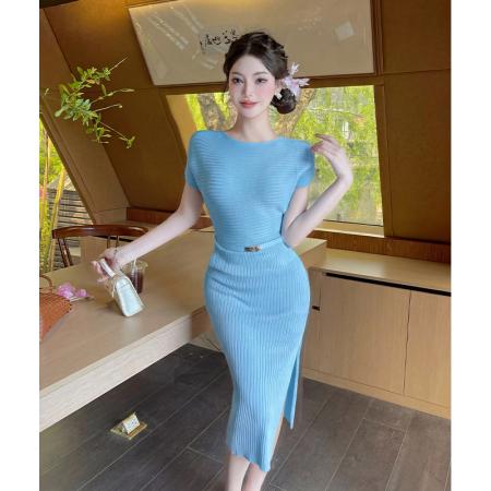 BY17668# 夏季韩系御姐露肩连衣裙女收腰修身显瘦开叉包臀中长款针织裙 服裝批發女裝批發服飾貨源
