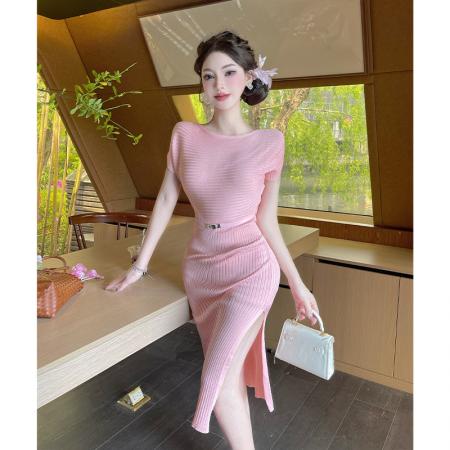 BY17668# 夏季韩系御姐露肩连衣裙女收腰修身显瘦开叉包臀中长款针织裙 服裝批發女裝批發服飾貨源