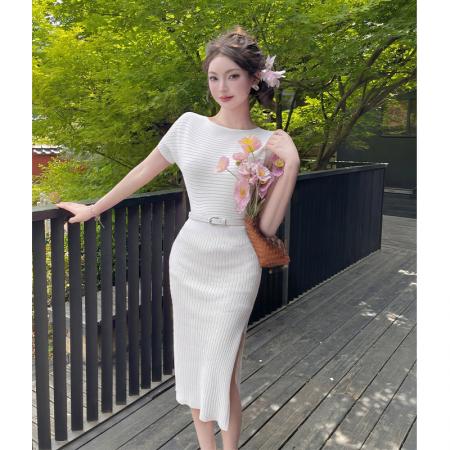 BY17668# 夏季韩系御姐露肩连衣裙女收腰修身显瘦开叉包臀中长款针织裙 服裝批發女裝批發服飾貨源
