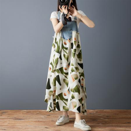 夏季新款荷叶边宽松雪纺印花牛仔设计感背带中长款连衣裙 服裝批發女裝批發服飾貨源
