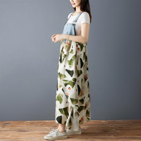 夏季新款荷叶边宽松雪纺印花牛仔设计感背带中长款连衣裙 服裝批發女裝批發服飾貨源