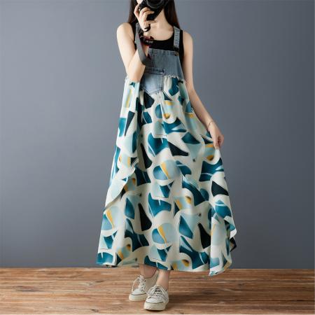 夏季新款荷叶边宽松雪纺印花牛仔设计感背带中长款连衣裙 服裝批發女裝批發服飾貨源