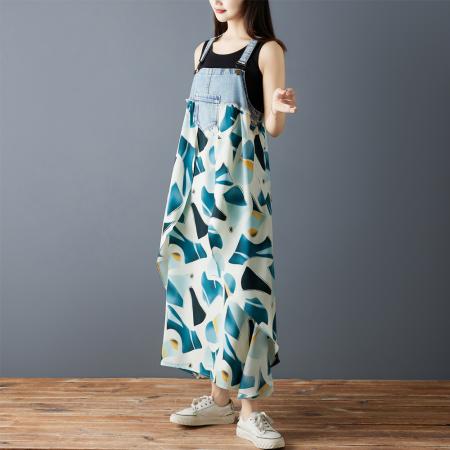 夏季新款荷叶边宽松雪纺印花牛仔设计感背带中长款连衣裙 服裝批發女裝批發服飾貨源