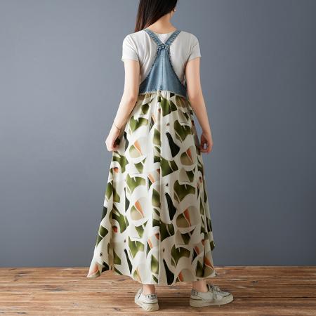 夏季新款荷叶边宽松雪纺印花牛仔设计感背带中长款连衣裙 服裝批發女裝批發服飾貨源