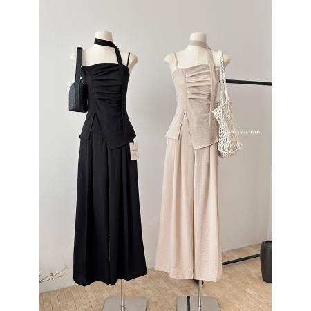 新款法式套装女开叉抹胸吊带背心宽松阔腿裤两件套夏 服裝批發女裝批發服飾貨源