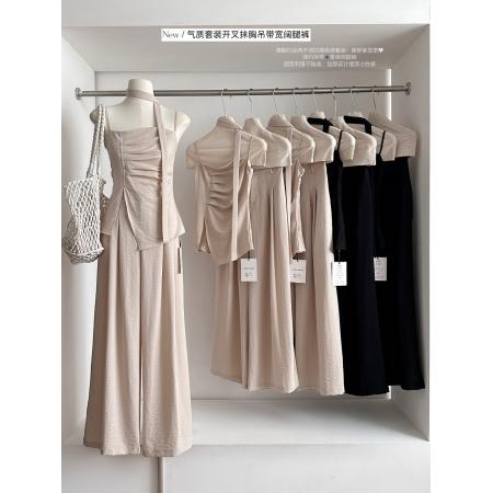 新款法式套装女开叉抹胸吊带背心宽松阔腿裤两件套夏 服裝批發女裝批發服飾貨源