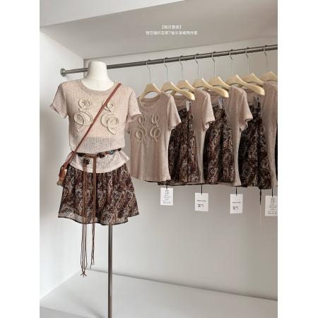 君君junjun假日套装设计感气质镂空编织亚麻T恤半身裙两件套 服裝批發女裝批發服飾貨源