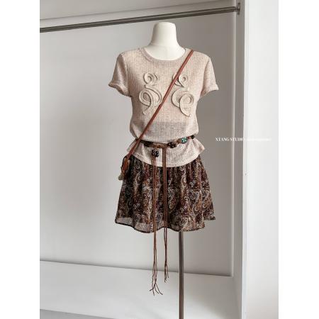 君君junjun假日套装设计感气质镂空编织亚麻T恤半身裙两件套 服裝批發女裝批發服飾貨源