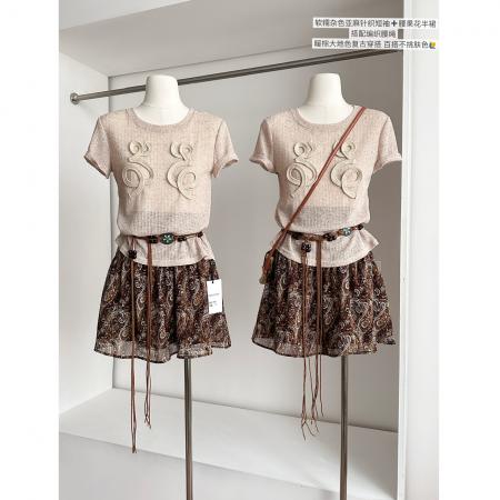君君junjun假日套装设计感气质镂空编织亚麻T恤半身裙两件套 服裝批發女裝批發服飾貨源