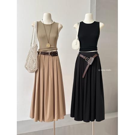 BY17672# 高知千金气质简约无袖背心长裙两件套女春夏半身裙套装配腰带 服裝批發女裝批發服飾貨源