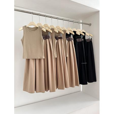 BY17672# 高知千金气质简约无袖背心长裙两件套女春夏半身裙套装配腰带 服裝批發女裝批發服飾貨源