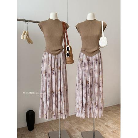 花园侧影压褶碎花半身裙女夏设计感百褶裙 服裝批發女裝批發服飾貨源