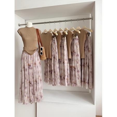 花园侧影压褶碎花半身裙女夏设计感百褶裙 服裝批發女裝批發服飾貨源