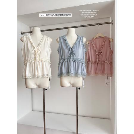 娇嗲千金重工法式蕾丝雪纺衫气质...