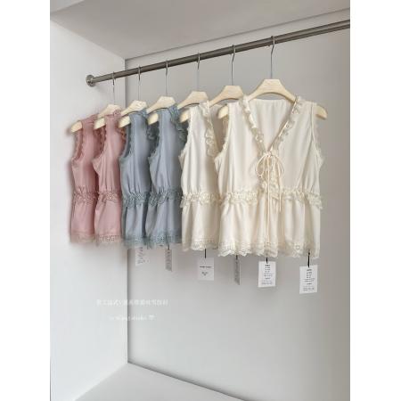 娇嗲千金重工法式蕾丝雪纺衫气质深V系带上衣 服裝批發女裝批發服飾貨源