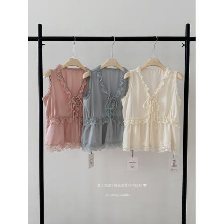 娇嗲千金重工法式蕾丝雪纺衫气质深V系带上衣 服裝批發女裝批發服飾貨源