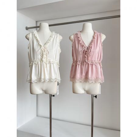 娇嗲千金重工法式蕾丝雪纺衫气质深V系带上衣 服裝批發女裝批發服飾貨源