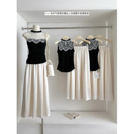 新中式绣花镂空拼接无袖背心高腰半身裙套装 服裝批發女裝批發服飾貨源