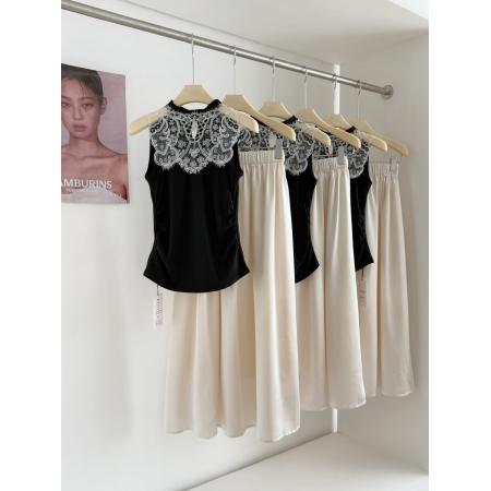 新中式绣花镂空拼接无袖背心高腰半身裙套装 服裝批發女裝批發服飾貨源