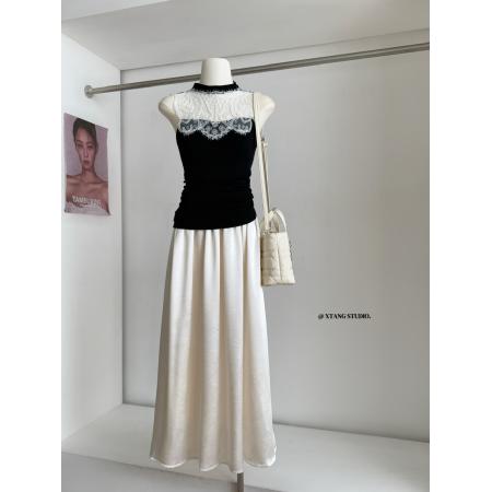 新中式绣花镂空拼接无袖背心高腰半身裙套装 服裝批發女裝批發服飾貨源