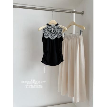 新中式绣花镂空拼接无袖背心高腰半身裙套装 服裝批發女裝批發服飾貨源