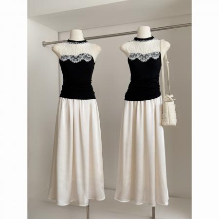 新中式绣花镂空拼接无袖背心高腰半身裙套装 服裝批發女裝批發服飾貨源