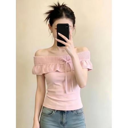 纯欲风性感一字肩蝴蝶结系带抹胸上衣女夏季新款修身显瘦针织衣服 服裝批發女裝批發服飾貨源