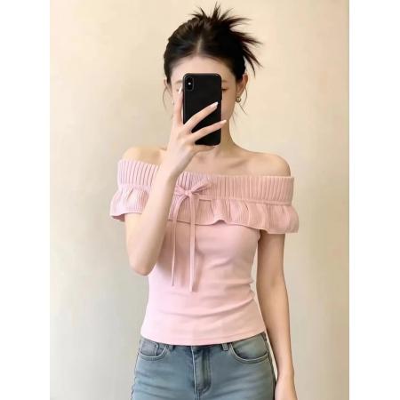 BY17678# 纯欲风性感一字肩蝴蝶结系带抹胸上衣女夏季新款修身显瘦针织衣服 服裝批發女裝批發服飾貨源