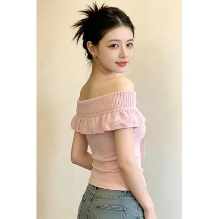 BY17678# 纯欲风性感一字肩蝴蝶结系带抹胸上衣女夏季新款修身显瘦针织衣服 服裝批發女裝批發服飾貨源