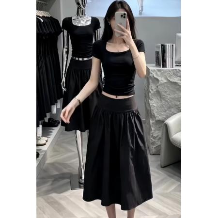 夏季修身t恤上衣高腰半裙两件套新款独特漂亮绝美小套装 服裝批發女裝批發服飾貨源