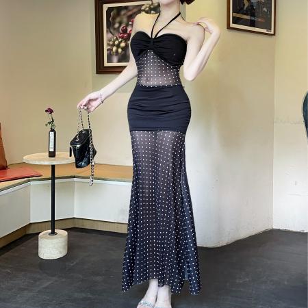 BY17685# 性感辣妹风抹胸系带连衣裙DJ高腰低胸显身材晚装裙 服裝批發女裝批發服飾貨源