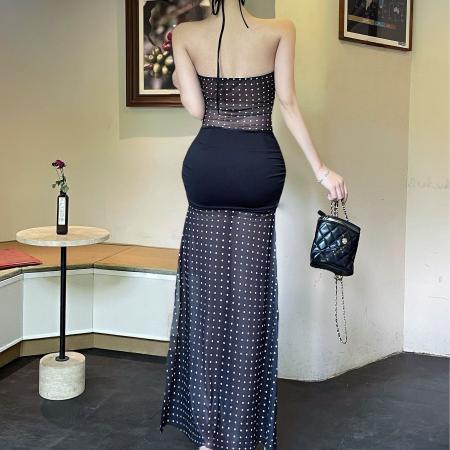 BY17685# 性感辣妹风抹胸系带连衣裙DJ高腰低胸显身材晚装裙 服裝批發女裝批發服飾貨源