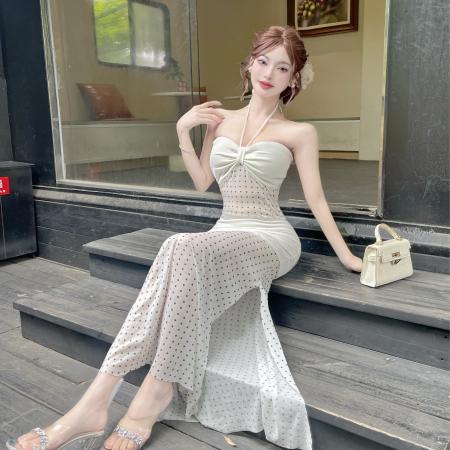 BY17685# 性感辣妹风抹胸系带连衣裙DJ高腰低胸显身材晚装裙 服裝批發女裝批發服飾貨源