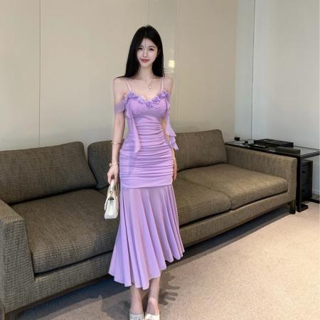 BY17687# 纯欲风立体花吊带连衣裙收腰鱼尾裙约会派对长裙 服裝批發女裝批發服飾貨源