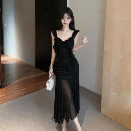 BY17687# 纯欲风立体花吊带连衣裙收腰鱼尾裙约会派对长裙 服裝批發女裝批發服飾貨源