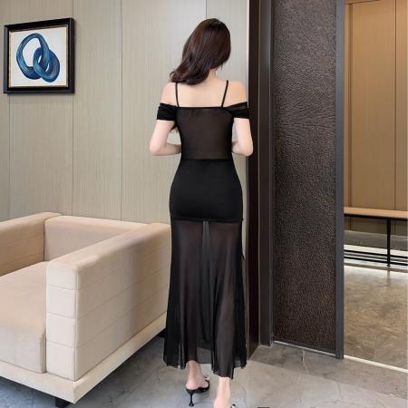 BY17693# 性感纯欲风露肩吊带连衣裙透视收腰显瘦气质派对小礼裙 服裝批發女裝批發服飾貨源