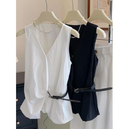 夏季新款小众设计感侧系皮扣收腰...