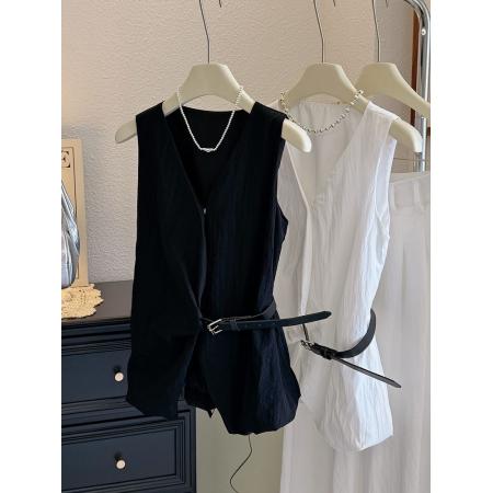 BY17698# 夏季新款小众设计感侧系皮扣收腰显瘦无袖背心衬衫上衣 服裝批發女裝批發服飾貨源