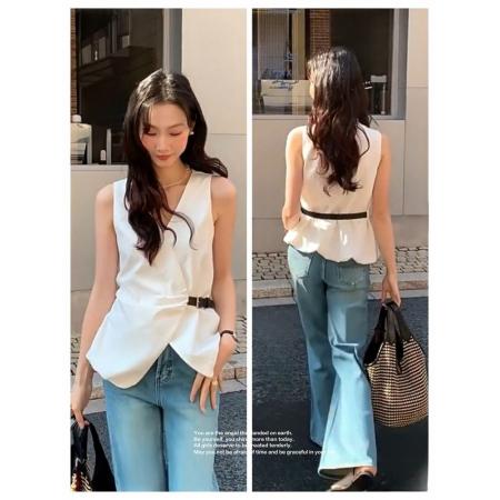 BY17698# 夏季新款小众设计感侧系皮扣收腰显瘦无袖背心衬衫上衣 服裝批發女裝批發服飾貨源
