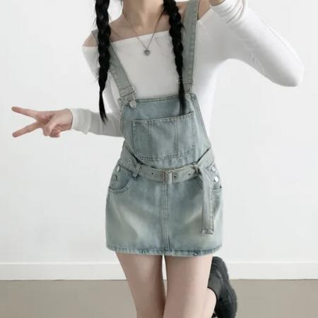 韩国chic复古收腰牛仔背带连衣裙 服裝批發女裝批發服飾貨源