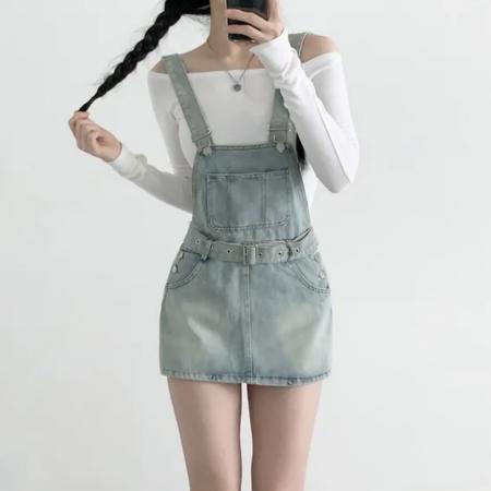 韩国chic复古收腰牛仔背带连衣裙 服裝批發女裝批發服飾貨源